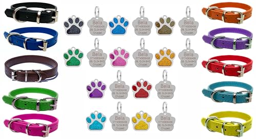 Hundehalsband aus lebendigem Leder für Welpen, Hunde, klein, mittel und groß, mit personalisierter Gravur, 27 mm Glitzerpfotenabdruck, Größe XS (20 cm – 26 cm Hals), Grün von LARRYROO