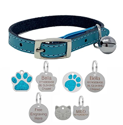 Katzenhalsband aus echtem Leder, mit Sicherheitsgummi und Glöckchen, mit optionaler Gravur, Blau, ohne Etikett – nur Halsband von LARRYROO