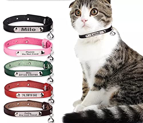 Katzenhalsband aus echtem Leder, mit graviertem Namensschild und Glöckchen, Dunkelbraun von LARRYROO