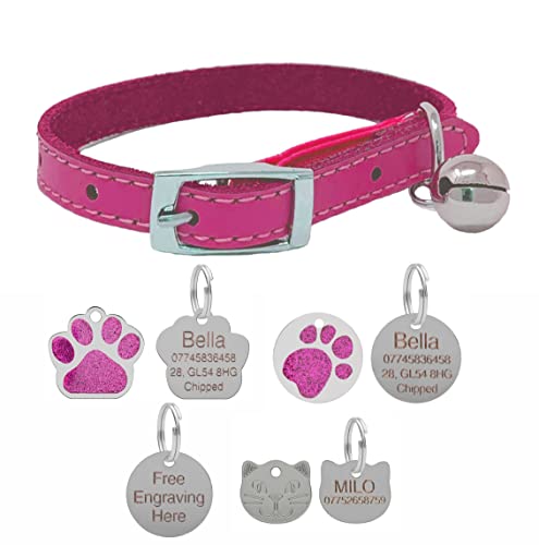 Katzenhalsband aus echtem Leder mit Sicherheitsgummi und Glöckchen mit optionaler personalisierter Gravur, Rosa, 25 mm Glitzerpfotenanhänger von LARRYROO