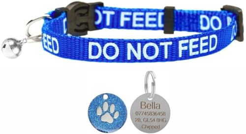 LARRYROO Katzenhalsband mit Aufdruck "Do Not Feed", weiches Nylon und Sicherheitsschnalle, mit personalisierbarer Gravur, 25 mm, rund, glitzernd, Pfotenabdruck, ID-Tag (blau) von LARRYROO