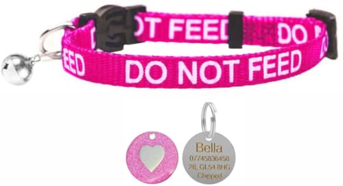 LARRYROO Katzenhalsband mit Aufdruck "Do Not Feed", weiches Nylon und Sicherheitsschnalle, mit personalisierbarer Gravur, 25 mm, rundes Herz-ID-Tag (Rosa) von LARRYROO