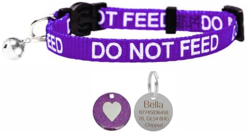 LARRYROO Katzenhalsband mit Aufdruck "Do Not Feed", weiches Nylon und Sicherheitsschnalle, mit personalisierbarer Gravur, 25 mm, rundes Herz-ID-Tag (lila) von LARRYROO