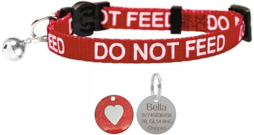 LARRYROO Katzenhalsband mit Aufdruck "Do Not Feed", weiches Nylon und Sicherheitsschnalle, mit personalisierbarer Gravur, 25 mm, rundes Herz-ID-Tag (rot) von LARRYROO