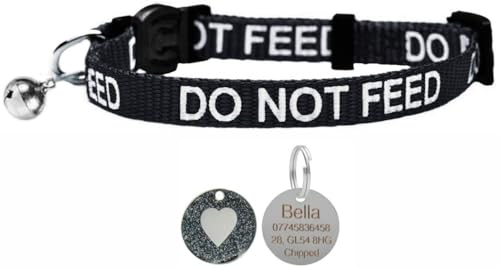 LARRYROO Katzenhalsband mit Aufdruck "Do Not Feed", weiches Nylon und Sicherheitsschnalle, mit personalisierbarer Gravur, 25 mm, rundes Herz-ID-Tag (schwarz) von LARRYROO