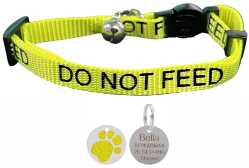 LARRYROO Katzenhalsband mit Aufdruck "Do Not Feed", weiches Nylon und Sicherheitsschnalle, mit personalisierbarer Gravur, glitzernd, runder Pfotenabdruck, ID-Etikett (Gelb) von LARRYROO