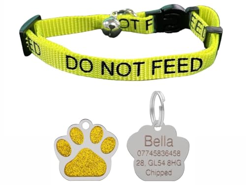 LARRYROO Katzenhalsband mit Aufdruck "Do Not Feed", weiches Nylon und Sicherheitsschnalle, mit personalisierbarer Gravur, glitzernder Pfotenabdruck, Gelb LARRYROO Katzenhalsband mit Aufdruck "Do Not Feed", weiches Nylon und Sicherheitsschnalle, mit personalisierbarer Gravur, glitzernder Pfotenabdruck, Gelb von LARRYROO
