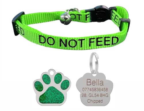 LARRYROO Katzenhalsband mit Aufdruck "Do Not Feed", weiches Nylon und Sicherheitsschnalle, mit personalisierbarer Gravur, glitzernder Pfotenabdruck, Grün von LARRYROO