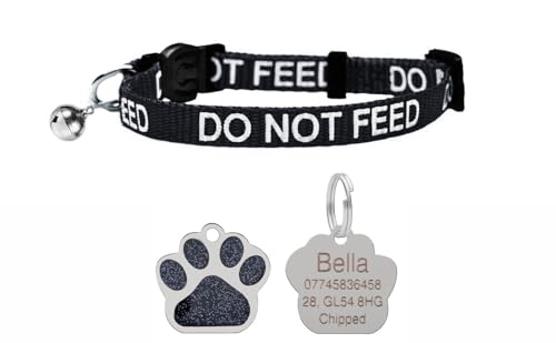 LARRYROO Katzenhalsband mit Aufdruck "Do Not Feed", weiches Nylon und Sicherheitsschnalle, mit personalisierbarer Gravur, glitzernder Pfotenabdruck, Schwarz von LARRYROO