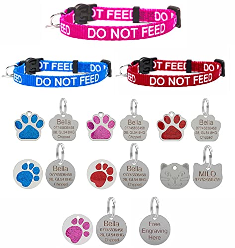 LARRYROO Katzenhalsband mit Aufschrift "Do Not Feed", Rot oder Blau, Sicherheitsverschluss und optional gravierter ID-Tag (rot, ohne Etikett) von LARRYROO