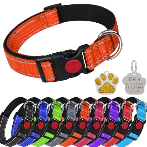LARRYROO Reflektierendes, weich gepolstertes Nylon-Halsband, Schiebeverschluss-Sicherheitsschnalle, voll verstellbar mit personalisierbarer Gravur, glitzernd, Pfotenform, Orange, Größe L (40 cm – 60 LARRYROO Reflektierendes, weich gepolstertes Nylon-Halsband, Schiebeverschluss-Sicherheitsschnalle, voll verstellbar mit personalisierbarer Gravur, glitzernd, Pfotenform, Orange, Größe L (40 cm – 60 von LARRYROO