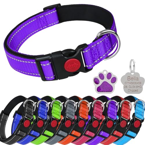 LARRYROO Reflektierendes, weich gepolstertes Nylon-Halsband, Schiebeverschluss-Sicherheitsschnalle, voll verstellbar mit personalisierbarer Gravur, glitzernd, Pfotenform, Violett, Größe XL (45 cm – 70 LARRYROO Reflektierendes, weich gepolstertes Nylon-Halsband, Schiebeverschluss-Sicherheitsschnalle, voll verstellbar mit personalisierbarer Gravur, glitzernd, Pfotenform, Violett, Größe XL (45 cm – 70 von LARRYROO
