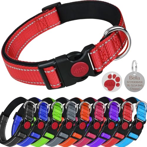 LARRYROO Reflektierendes, weich gepolstertes Nylon-Halsband, Schiebeverschluss-Sicherheitsschnalle, voll verstellbar mit personalisierbarer Gravur, rundem Pfotenabdruck-Glitzeranhänger (Rot, Größe XS LARRYROO Reflektierendes, weich gepolstertes Nylon-Halsband, Schiebeverschluss-Sicherheitsschnalle, voll verstellbar mit personalisierbarer Gravur, rundem Pfotenabdruck-Glitzeranhänger (Rot, Größe XS von LARRYROO