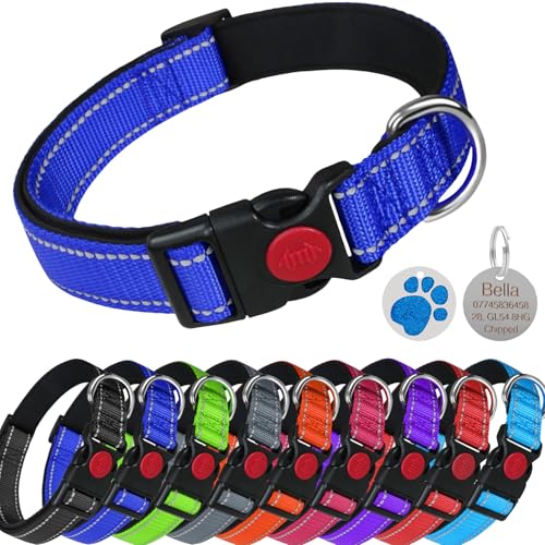 LARRYROO Reflektierendes, weich gepolstertes Nylon-Halsband, Schiebeverschluss-Sicherheitsschnalle, voll verstellbar mit personalisierbarer Gravur, rundes Pfotenabdruck-Glitzer-Etikett (Blau, Größe XS LARRYROO Reflektierendes, weich gepolstertes Nylon-Halsband, Schiebeverschluss-Sicherheitsschnalle, voll verstellbar mit personalisierbarer Gravur, rundes Pfotenabdruck-Glitzer-Etikett (Blau, Größe XS von LARRYROO