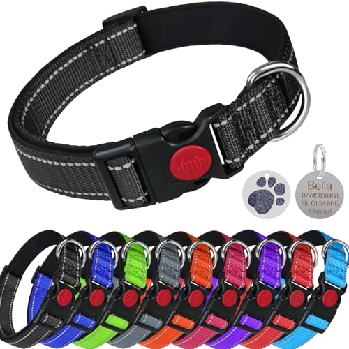 LARRYROO Reflektierendes, weich gepolstertes Nylon-Halsband, Schiebeverschluss-Sicherheitsschnalle, voll verstellbar mit personalisierbarer Gravur, rundes Pfotenabdruck-Glitzer-Etikett (Schwarz, Größe von LARRYROO