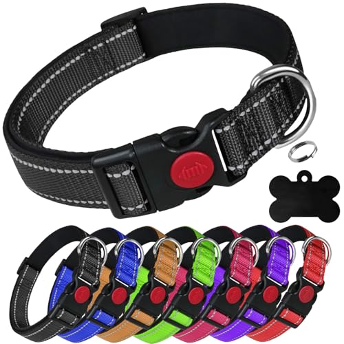 LARRYROO Reflektierendes, weich gepolstertes Nylonhalsband, Schiebeverschluss-Sicherheitsschnalle, voll verstellbar mit personalisierbarer Gravur, farblich passender Knochenmarke (Schwarz, Größe M (35 LARRYROO Reflektierendes, weich gepolstertes Nylonhalsband, Schiebeverschluss-Sicherheitsschnalle, voll verstellbar mit personalisierbarer Gravur, farblich passender Knochenmarke (Schwarz, Größe M (35 von LARRYROO