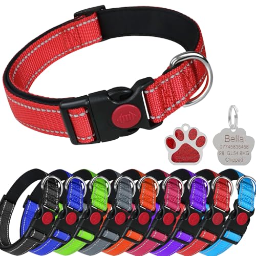 LARRYROO Reflektierendes, weich gepolstertes Nylonhalsband, Schiebeverschluss-Sicherheitsschnalle, voll verstellbar mit personalisierbarer Gravur, glitzernd, Pfotenform, Rot, Größe M (35 cm – 50 cm LARRYROO Reflektierendes, weich gepolstertes Nylonhalsband, Schiebeverschluss-Sicherheitsschnalle, voll verstellbar mit personalisierbarer Gravur, glitzernd, Pfotenform, Rot, Größe M (35 cm – 50 cm von LARRYROO