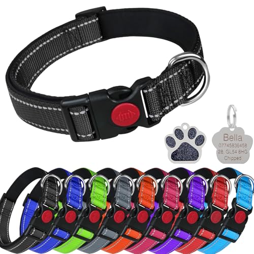 LARRYROO Reflektierendes, weich gepolstertes Nylonhalsband, Schiebeverschluss-Sicherheitsschnalle, voll verstellbar mit personalisierbarer Gravur, glitzernder Pfotenform, Schwarz, Größe XS (20 cm – 30 von LARRYROO