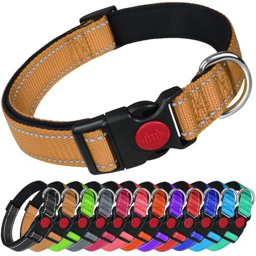 LARRYROO Reflektierendes Hundehalsband aus Nylon, Sicherheitsschnalle, voll verstellbar, weiche Neoprenpolsterung (Gold, Größe XL (45 cm – 70 cm Hals)) von LARRYROO