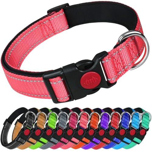 LARRYROO Reflektierendes Hundehalsband aus Nylon, Sicherheitsschnalle, voll verstellbar, weiche Neoprenpolsterung (Hellrosa, Größe L (40 cm – 60 cm Hals)) von LARRYROO