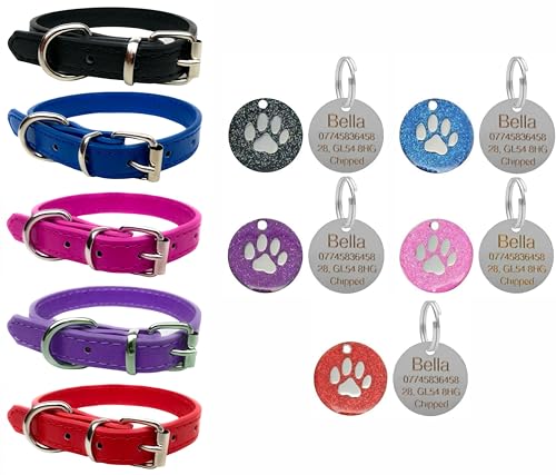 Lebendiges Leder-Hundehalsband für Welpen, Hunde, klein, mittel und groß, mit personalisierbarer Gravur, runder Glitzerpfotenmarke (klein (27 cm – 33 cm Hals), Rot von LARRYROO
