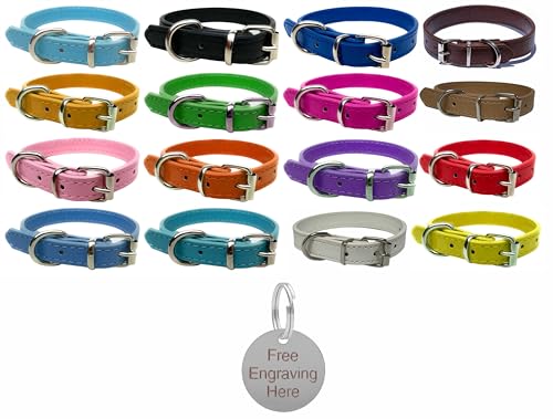 Lebhaftes Lederhalsband für Welpen Hunde Klein Mittel und Groß mit personalisiertem Graviertem 25mm Silber-Runde-Tag (Medium (28cm - 36cm Hals), Weiß) von LARRYROO