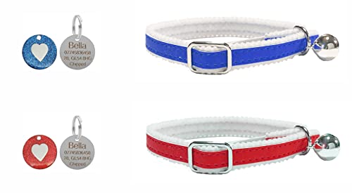 Reflektierendes Haustierhalsband für Katzen/Kätzchen, mit Sicherheitsgummi, Glocke und personalisierbarer Herzmarke (rot) von LARRYROO
