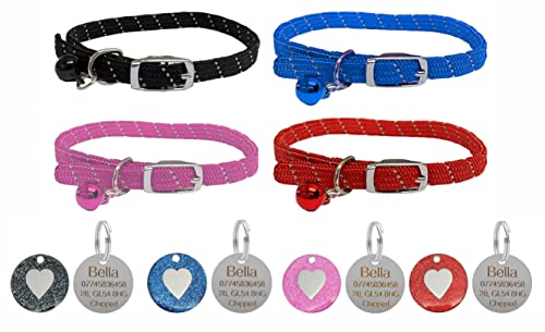Reflektierendes weiches Hundehalsband für Katzen/Kätzchen, mit Sicherheitsgummi, Glocke und personalisierbarer Herzmarke (schwarz) von LARRYROO