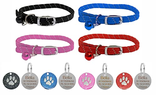 Reflektierendes weiches Hundehalsband für Katzen und Kätzchen, mit Sicherheitsgummi, Glocke und personalisierbarer Gravur, Pfotenabdruck-Etikett, Schwarz von LARRYROO