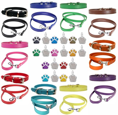 Vibrant Hundehalsband und Leine aus Leder, Kombi-Set für Welpen, Hunde, Größe S, M und L, mit personalisierbarer Gravur, glitzernde Pfotenform, Größe XS (20 cm – 26 cm Hals), Braun von LARRYROO