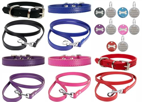 Vibrant Hundehalsband und Leine aus Leder, Kombi-Set für Welpen, Hunde, Größe S, M und L, mit personalisierbarer Gravur, runder Glitzerknochenmarke, Größe XS (20 cm – 26 cm Hals), Lila von LARRYROO