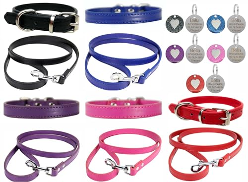 Vibrant Hundehalsband und Leine aus Leder, Kombi-Set für Welpen, Hunde, Größe S, M und L, mit personalisierbarer Gravur, rundes Glitzer-Herzanhänger (klein (27 cm – 33 cm Hals), Rot von LARRYROO