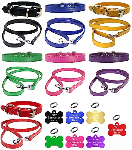 Vibrant Hundehalsband und Leine aus Leder, Kombi-Set für Welpen, Hunde, klein, mittel und groß, mit personalisierbarer Gravur, buntes Knochenetikett (XL (45 cm – 55 cm Hals), Rot von LARRYROO