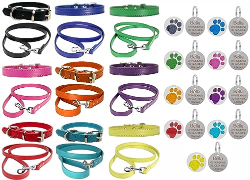 Vibrant Hundehalsband und Leine aus Leder, Kombi-Set für Welpen, Hunde, klein, mittel und groß, mit personalisierbarer Gravur, rundes Glitzer-Tatzenabdruck-Tag (klein (27 cm – 33 cm Hals), Rot von LARRYROO