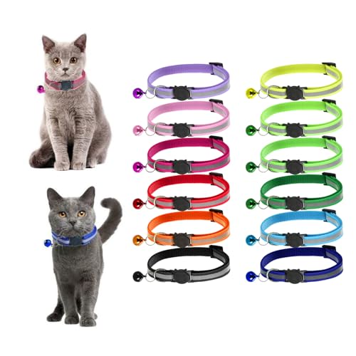 LASIEYO Katzenhalsband Set Einstellbare Glockenhalsband Haustier Katze Kätzchen Halsband mit reflektierendem Streifen, Schnellverschluss Schnalle (12pcs) von LASIEYO