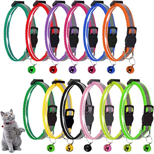 LATRAT 12 Stück Reflektierende katzenhalsband mit Halsband Katze mit sicherheitsverschluss, Cat Collar mit Glocke 12 Farben Haustierzubehör für alle Hauskatzen von LATRAT