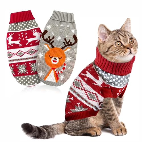 LATRAT 2er-Pack Weihnachts-Katzen-Hunde-Pullover, Schneeflocken, Rentier-Motiv, Strickwaren,Winterhaustierkleidung,Warme Haustierpullover für Kätzchen und kleine Hunde (L, Elch + Kitz) von LATRAT