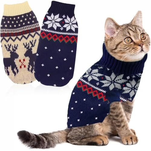 LATRAT 2er-Pack Weihnachts-Katzen-Hunde-Pullover, Schneeflocken, Rentier-Motiv, Strickwaren, Winterhaustierkleidung, Warme Haustierpullover für Kätzchen und kleine Hunde, Elch und Kitz, Tiefblau, S von LATRAT