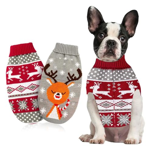 LATRAT 2er-Pack Weihnachts-Katzen-Hunde-Pullover, Schneeflocken, Rentier-Motiv, Strickwaren,Winterhaustierkleidung,Warme Haustierpullover für Kätzchen und kleine Hunde (S, Elch + Kitz) von LATRAT