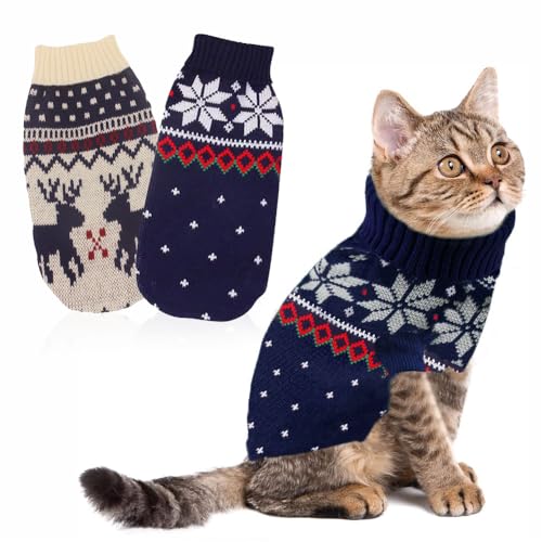 LATRAT 2er-Pack Weihnachts-Katzen-Hunde-Pullover, Schneeflocken, Rentier-Motiv, Strickwaren,Winterhaustierkleidung,Warme Haustierpullover für Kätzchen und kleine Hunde (XL, Schneeflocke+Kitz) von LATRAT