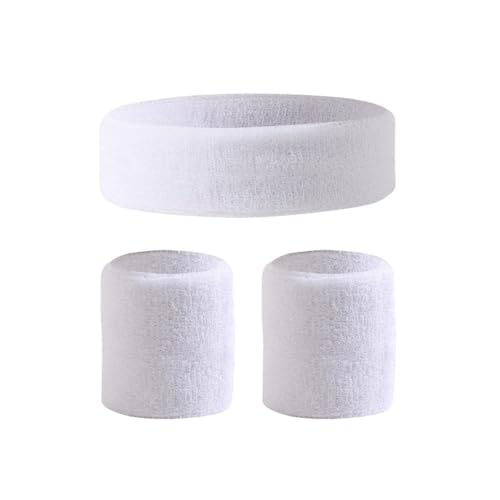 LATRAT 3-teiliges Schweißband-Set, enthält 1 x Sport-Stirnband und 2 x Handgelenkband, für Männer und Frauen, Athletik, Weiß von LATRAT