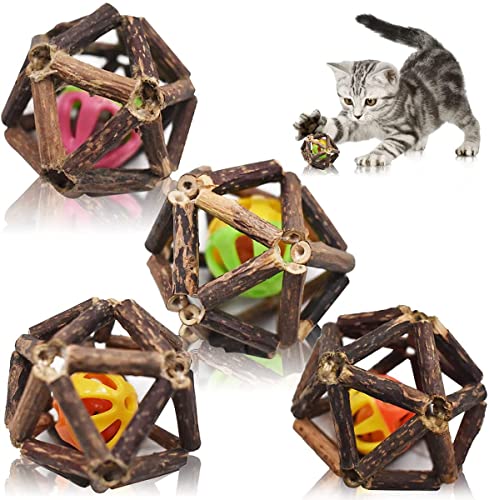 LATRAT 4 Stück Katzen Spielzeug Ball, Katzenspielzeug Ball Holz, Interaktives Spielzeug für Katzen, Haustier Spielzeug Katze für Zähne Reinigen und Pflegen von LATRAT