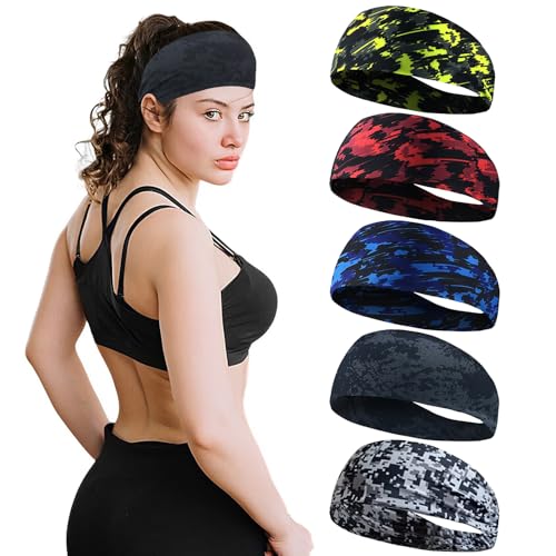 LATRAT 5 Stück Sport-Stirnbänder für Damen und Herren, breites Sport-Stirnband gegen Schwitzen für Laufen, Radfahren, Basketball, Fitnessstudio, 5 Stück (5 x gemischte Farbe 01) von LATRAT