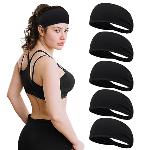 LATRAT 5 Stück Sport-Stirnbänder für Damen und Herren, breites Sport-Stirnband gegen Schwitzen für Laufen, Radfahren, Basketball, Fitnessstudio, 5 x Schwarz von LATRAT