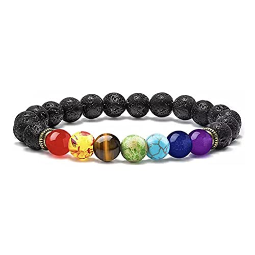 LATRAT Armband mit 7 Chakra-Natursteinen, Perlen mit 7 Chakra-Armbändern, Naturstein-Armband, Perlen aus 8 mm, Armband für Damen und Herren, elastisches Armband, One Size, Vulkanstein von LATRAT
