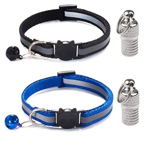 LATRAT 2 Stück Katzenhalsband, gegen Strangulierung, verstellbar, mit 2 Anhängern, Adresshalter, für Kätzchen oder Welpen, Katzenhalsband (blau, schwarz) von LATRAT