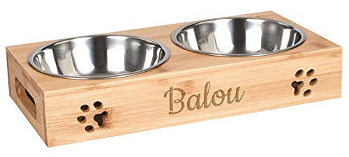 LAUBLUST Futterstation mit Name Personalisiert - Bambus, 2 Edelstahl Fressnäpfe Hund | M - 31x15x6cm, 2 x 0,35l von LAUBLUST