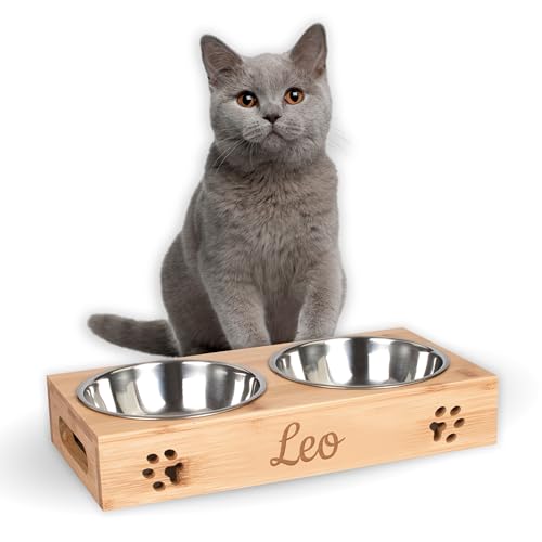 LAUBLUST Futterstation mit Name Personalisiert - Bambus, 2 Edelstahl Fressnäpfe Katze | M - 31x15x6cm, 2 x 0,35l von LAUBLUST