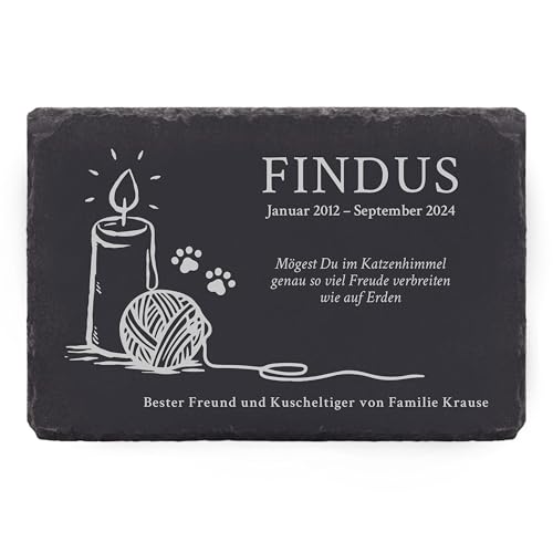 LAUBLUST Grabstein Katze - Gedenktafel Personalisiert mit Wunschtext - Trauerkerze | 3 Größen - Schiefer von LAUBLUST