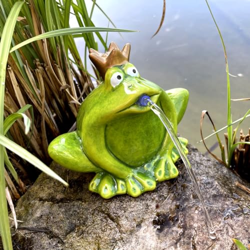 LB H&F Wasserspeier Froschkönig Miniteich mit Pumpe Teichfigur Frosch Keramik Deko Wasserspiel Gartenfrosch Gartenteich Terrasse/Balkon (Frosch) von LB H&F